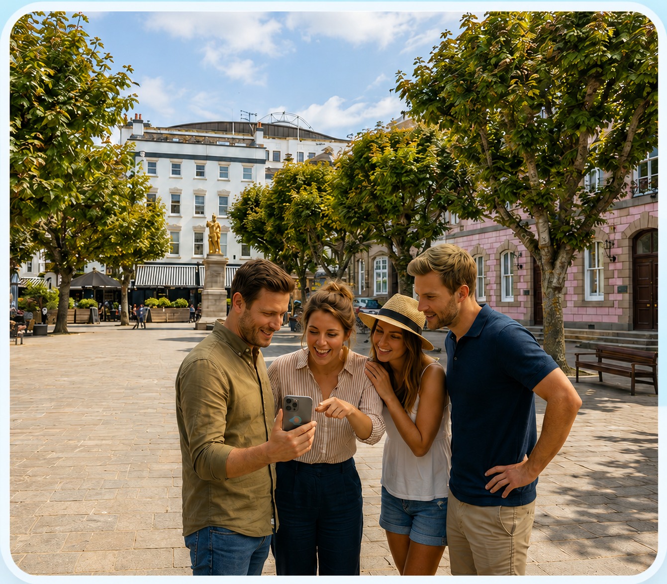 Friends gathered in Jersey's Royal Square using a phone to play the treasure hunt, with the golden statue and historic buildings in the background
